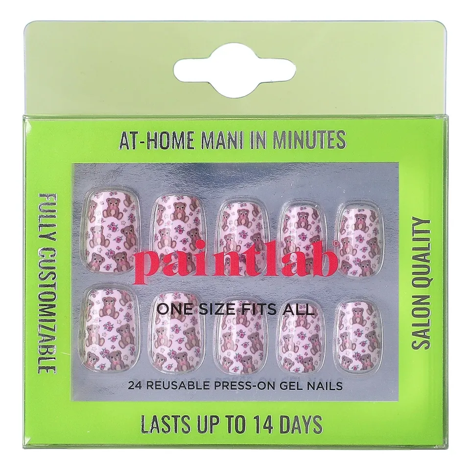 paintlab-teddy-bear-squoval-press-on-nails-cozy-brown-bear-print image 1