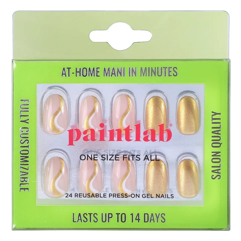 paintlab-glitter-gold-oval-press-on-nails-24pcs-party-nails-with-rich-golden-gli image 1