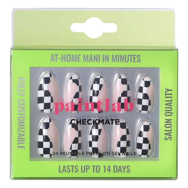 paintlab-checkmate-almond-press-on-nails-black-white-checkered-print-reusable-tr image 1