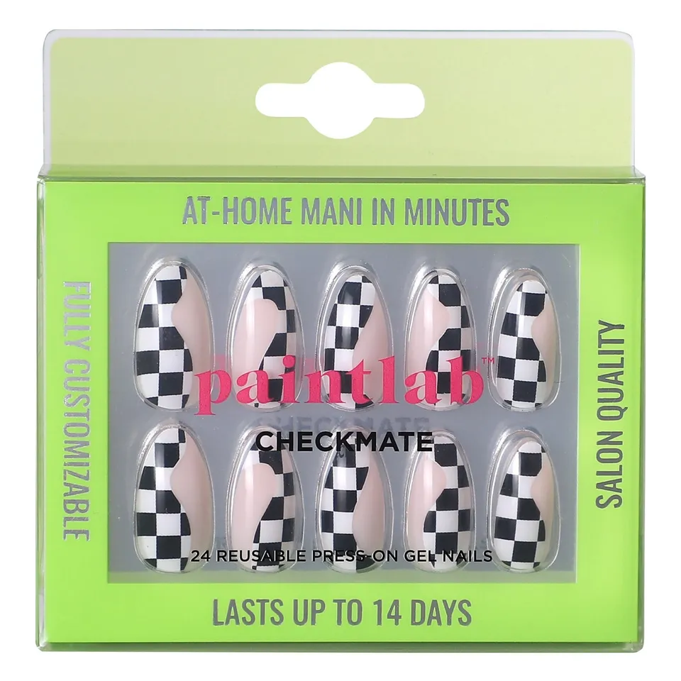 paintlab-checkmate-almond-press-on-nails-black-white-checkered-print-reusable-tr image 1