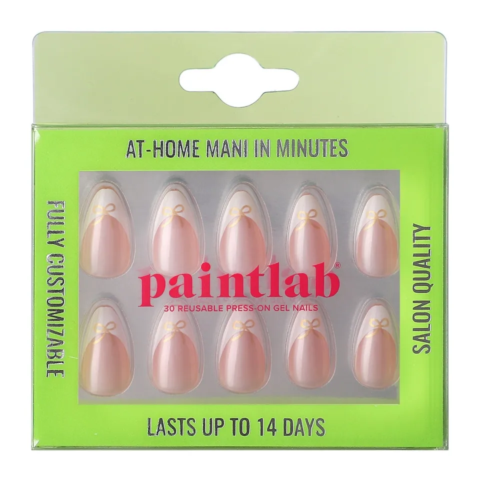 paintlab-frenchie-bow-short-almond-press-on-nails-elegant-french-tip-with-festiv image 1