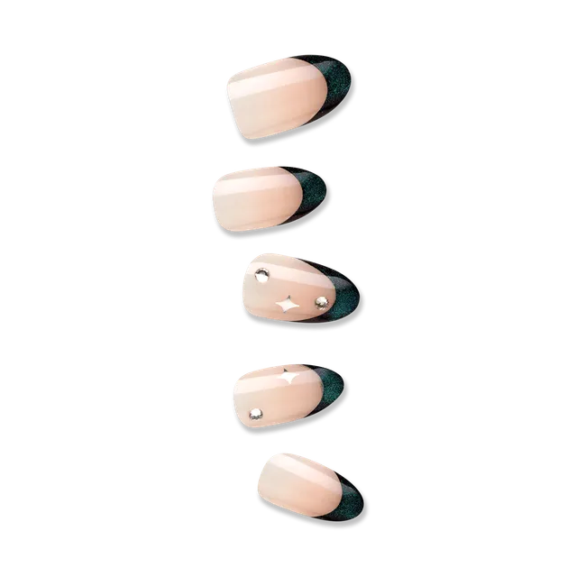 impress-premium-visions-press-on-nails-metallic-green-3d-jewel-french-almond-med image 1