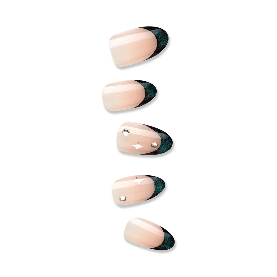 impress-premium-visions-press-on-nails-metallic-green-3d-jewel-french-almond-med image 1