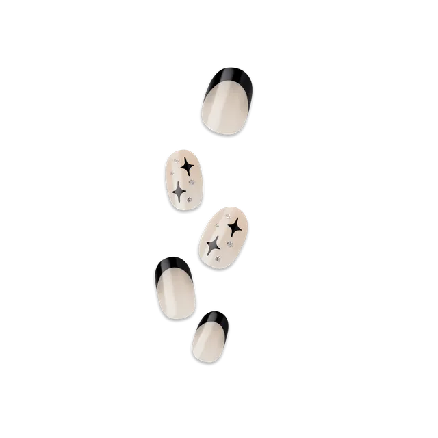 impress-design-no-glue-fake-press-on-nails-gold-ring-french-design-black-short-o image 1