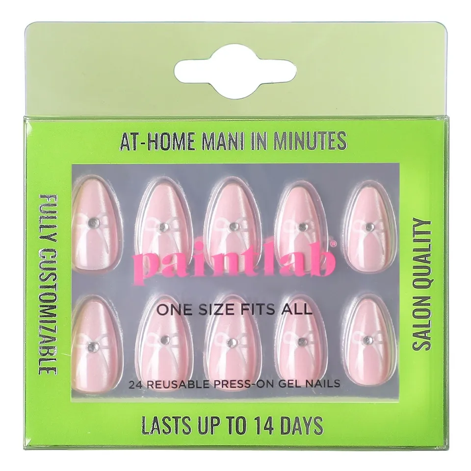 paintlab-pink-coquette-short-almond-press-on-nails-soft-pink-with-3d-bows image 1