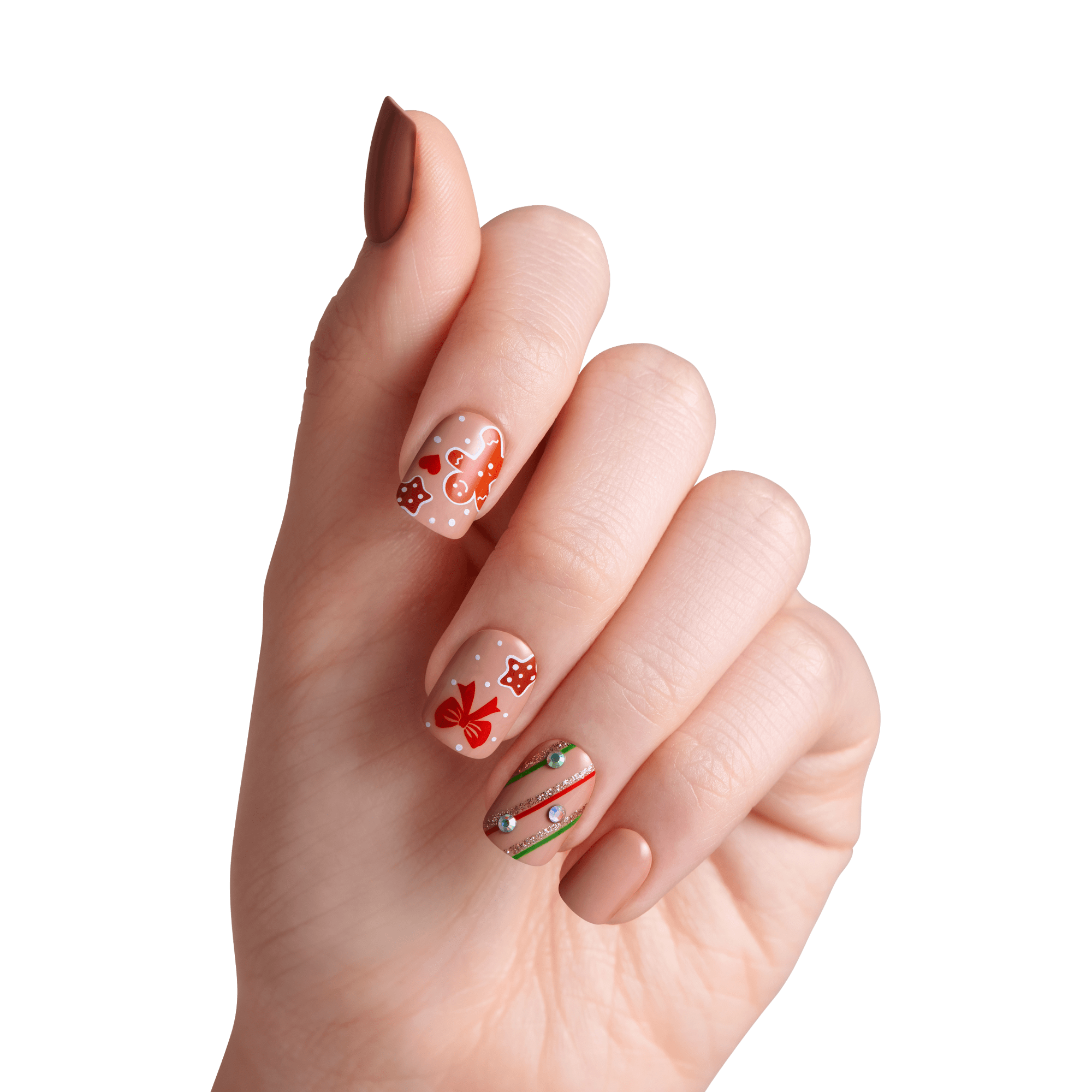 impress-holiday-design-press-on-nails-mistletoe-kiss-brown-short-squoval-gems-sp image 3