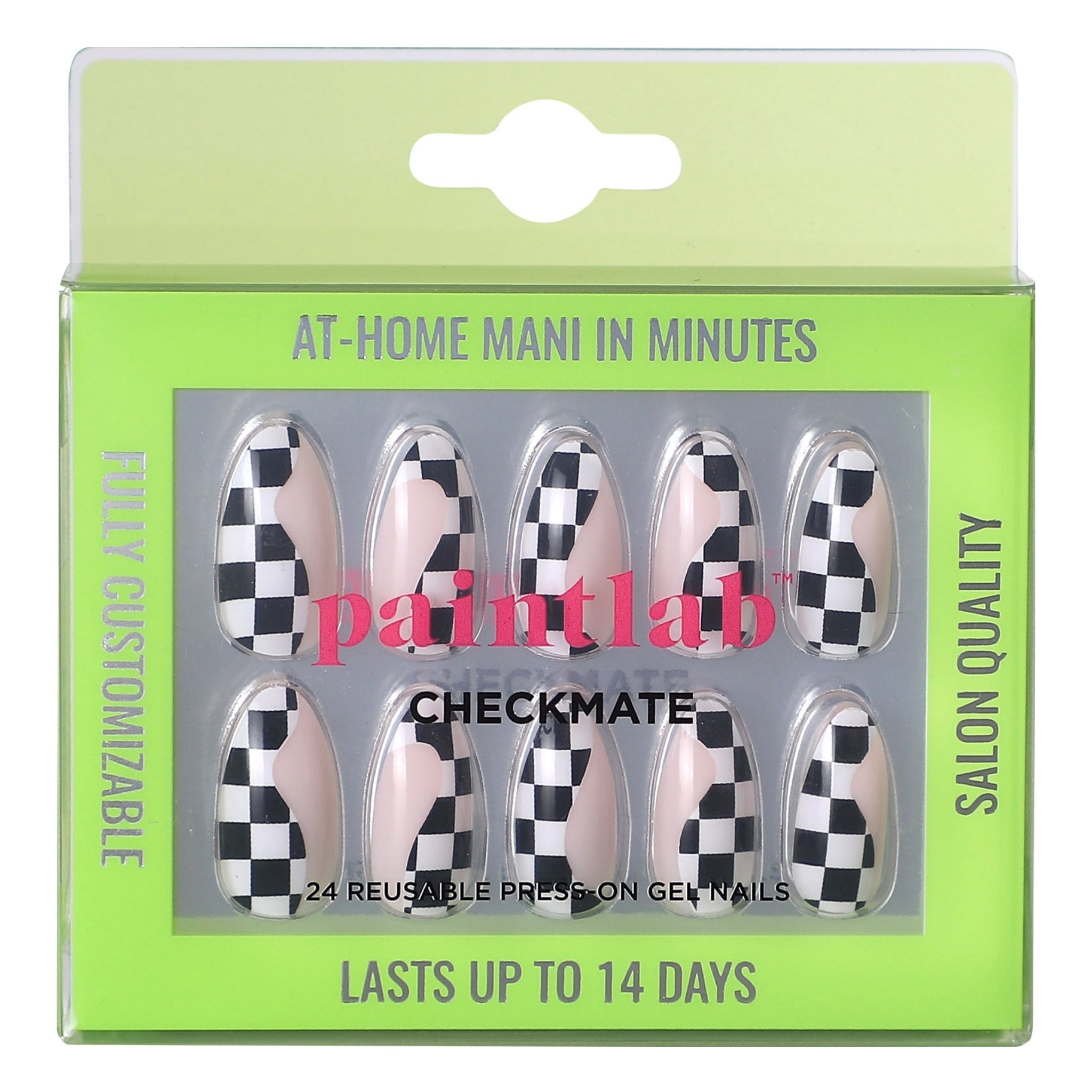 paintlab-checkmate-almond-press-on-nails-black-white-checkered-print-reusable-tr image 1