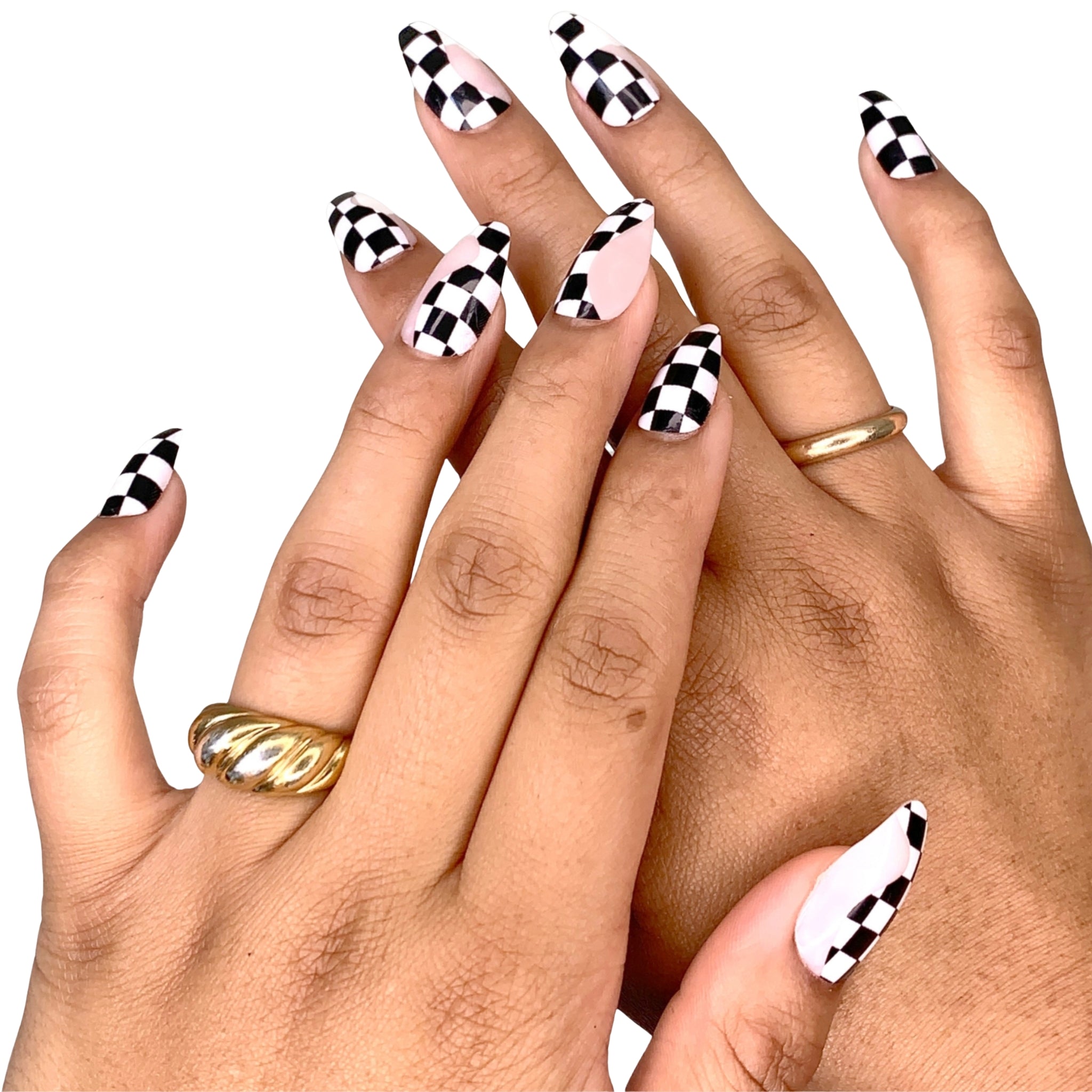 paintlab-checkmate-almond-press-on-nails-black-white-checkered-print-reusable-tr image 2