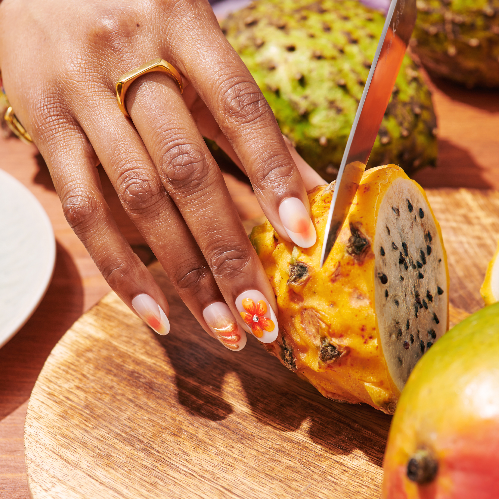 impress-design-no-glue-press-on-nails-sea-bloom-3d-jewel-design-orange-medium-ov image 2